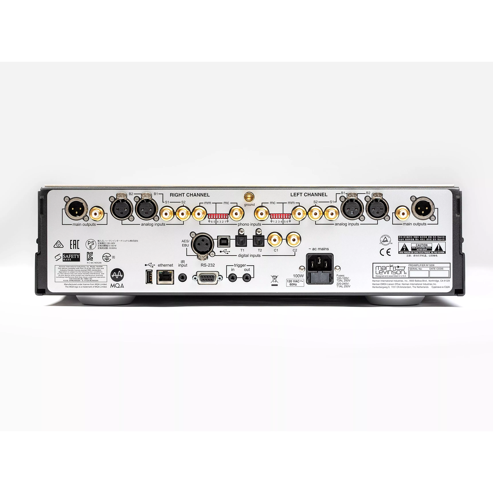 №5206 - Black - Mark Levinson № 5206 preamplifier with Pure Path fully discrete, direct-coupled, dual-monaural line-level class A preamp circuitry, MM/MC phono stage, and Main Drive headphone output. - Back